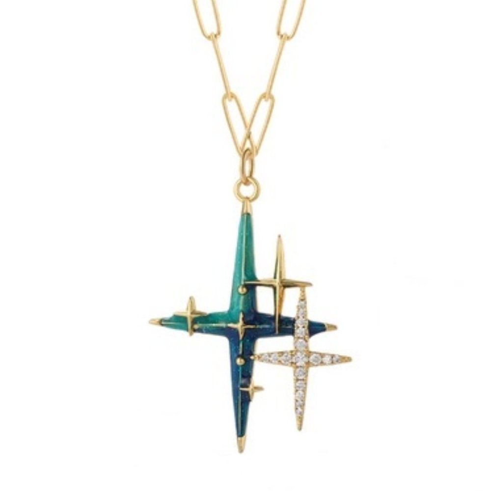 DESIGNER Space Age Starburst Gold/Clear Zircon Stones Paper Clip Chain Necklace